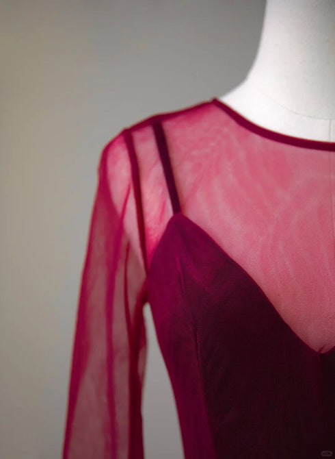 A-line Wine Red Velvet and Tulle Long Party Dress, Wine Red Evening Dress Prom Dress