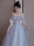 Light Blue Tulle and Sequins Off Shoulder Party Dress, Light Blue Floor Length Prom Dress