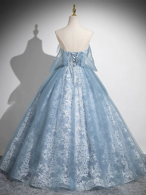 Blue A-line Lace and Tulle Long Formal Dress, Blue Round Neckline Prom Dress