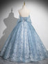 Blue A-line Lace and Tulle Long Formal Dress, Blue Round Neckline Prom Dress