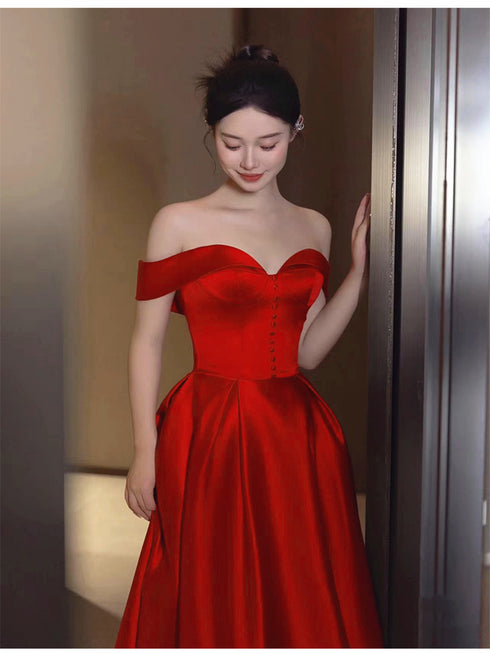 Red Sweetheart Off Shoulder Tea Length Formal Dress, Red Satin Formal Dress Homecoming Dress