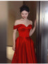 Red Sweetheart Off Shoulder Tea Length Formal Dress, Red Satin Formal Dress Homecoming Dress