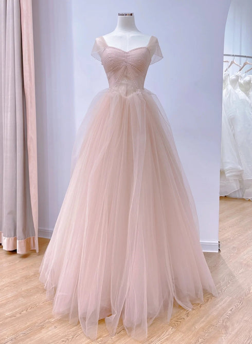 Pink A-line Tulle Beaded Off Shoulder Long Party Dress, Pink Tulle Prom Dress