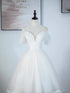 A-line Ivory Tulle V-neckline Straps Off Shoulder Party Dress, A-line Tulle Eveing Dress