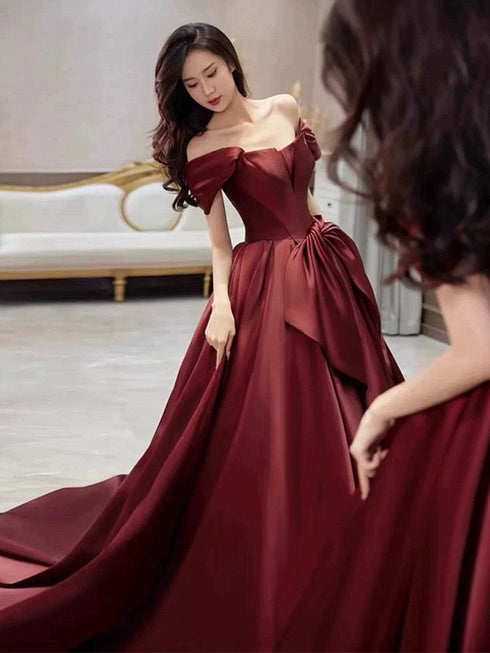 Wine Red Satin A-line Floor Length Off Shoulder Party Dress, Wine Red Long Prom Dress