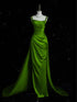 Green Straps Long Party Dress with Train, Green Satin Evening Dress Prom Dress