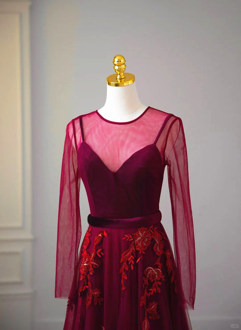 A-line Wine Red Velvet and Tulle Long Party Dress, Wine Red Evening Dress Prom Dress