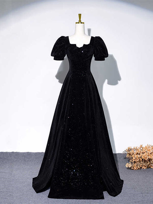 Black Velvet A-line Short Sleeves Sweetheart Prom Dress, Black Velvet Evening Dress
