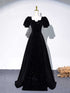 Black Velvet A-line Short Sleeves Sweetheart Prom Dress, Black Velvet Evening Dress