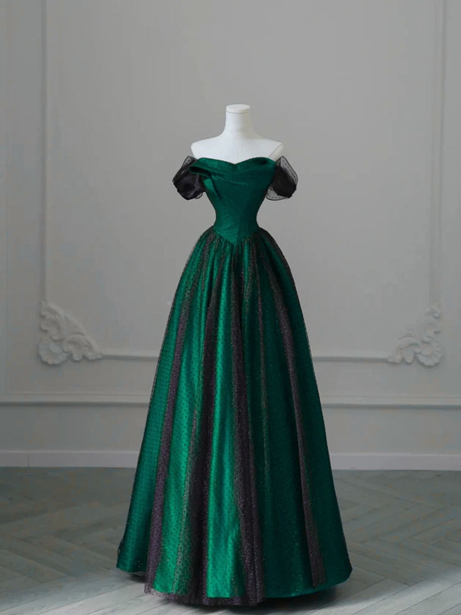 Black And Green Strapless A-Line Party Dress, Tulle And Satin Prom Dre