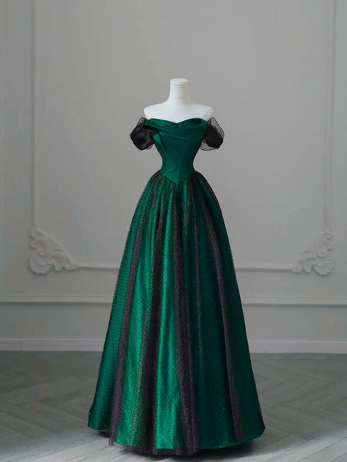 Black And Green Strapless A-Line Party Dress, Tulle And Satin Prom Dress Evening Dress