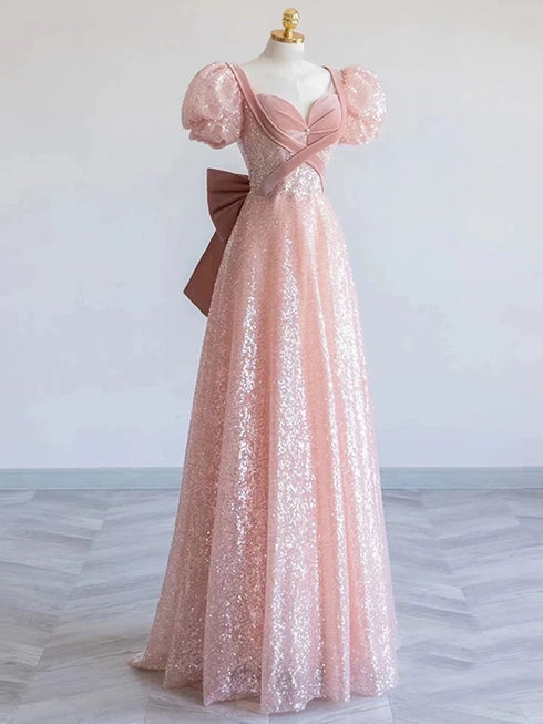 A-line Pink Sequins and Velvet Short Sleeves Party Dress, Pink Floor Length Prom Dress