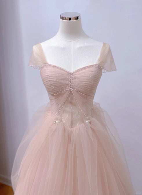 Pink A-line Tulle Beaded Off Shoulder Long Party Dress, Pink Tulle Prom Dress