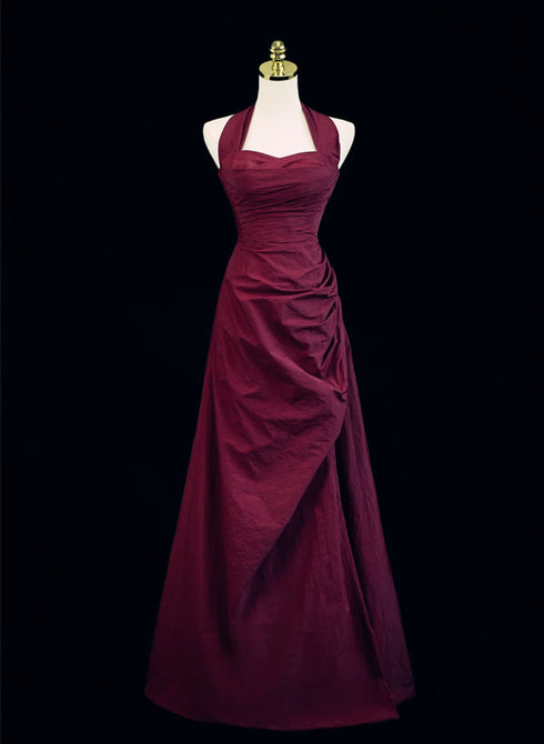 A-line Wine Red Halter Sweetheart Long Party Dress, A-line Prom Dress
