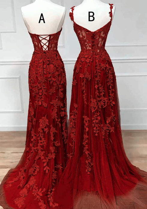Chic Wine Red Lace and Tulle Sweetheart Party Dress, Wine Red Long Prom Dress