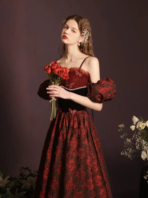 Floral Sweetheart Straps A-line Floor Length Party Dress, Short Sleeves Prom Dress