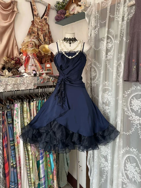 Navy Blue Knee Length Straps Short Party Dress, Navy Blue Homecoming Dress