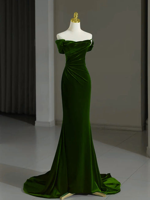 Green Mermaid Velvet Off Shoulder Party Dress, Green Velvet Long Bridesmaid Dress