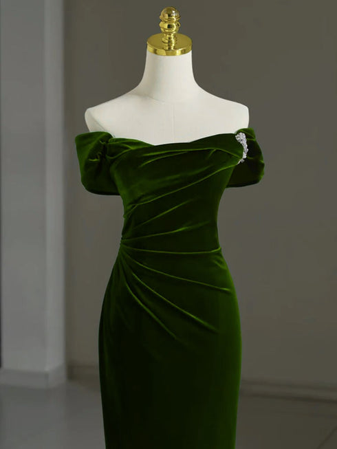 Green Mermaid Velvet Off Shoulder Party Dress, Green Velvet Long Bridesmaid Dress