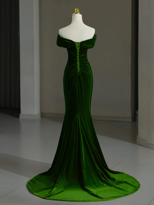 Green Mermaid Velvet Off Shoulder Party Dress, Green Velvet Long Bridesmaid Dress