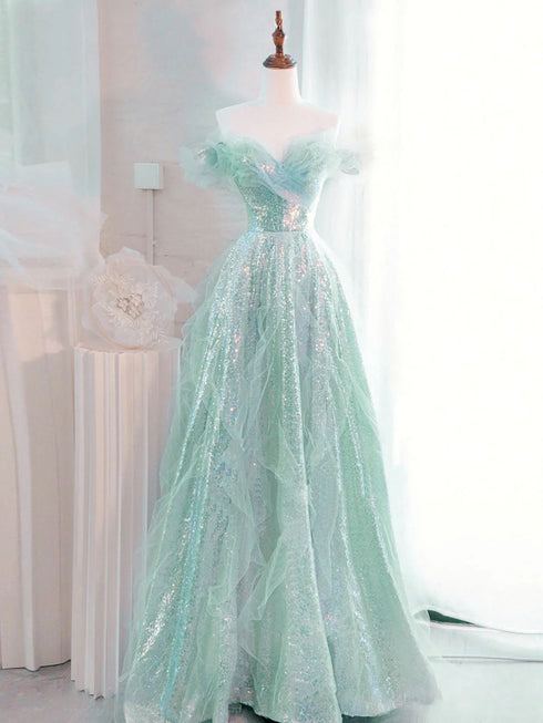 A-line Mint Green Tulle and Sequins Long Prom Dress, Mint Green Tulle Evening Dress