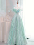 A-line Mint Green Tulle and Sequins Long Prom Dress, Mint Green Tulle Evening Dress