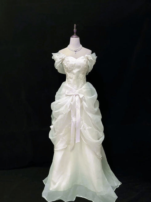 Ivory Organza A-line Sweetheart Party Dresswith Lace, Ivory Long Prom Dress Evening Dress