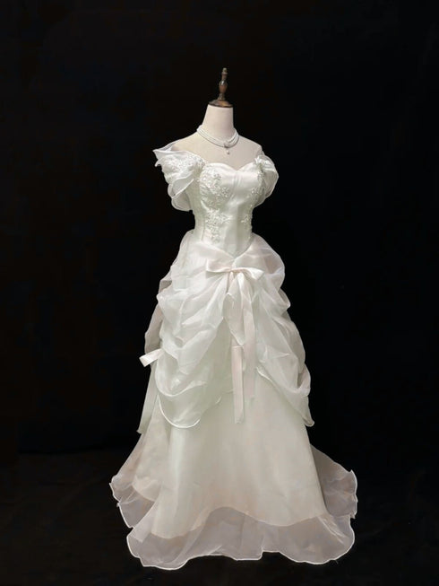 Ivory Organza A-line Sweetheart Party Dresswith Lace, Ivory Long Prom Dress Evening Dress