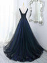Black and Blue Tulle with Lace Applique V-neckline Party Dress, Black and Bue Long Prom Dress