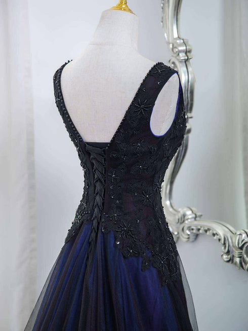 Black and Blue Tulle with Lace Applique V-neckline Party Dress, Black and Bue Long Prom Dress
