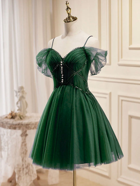 Green Tulle Knee Length Homecoming Dress, Green Beaded Tulle Short Prom Dress Party Dress