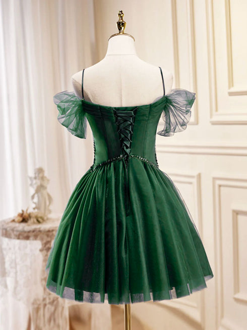 Green Tulle Knee Length Homecoming Dress, Green Beaded Tulle Short Prom Dress Party Dress