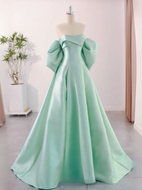 Green Satin Off Shoulder A-line Prom Dress Party Dress, Green Satin Long Evening Dress