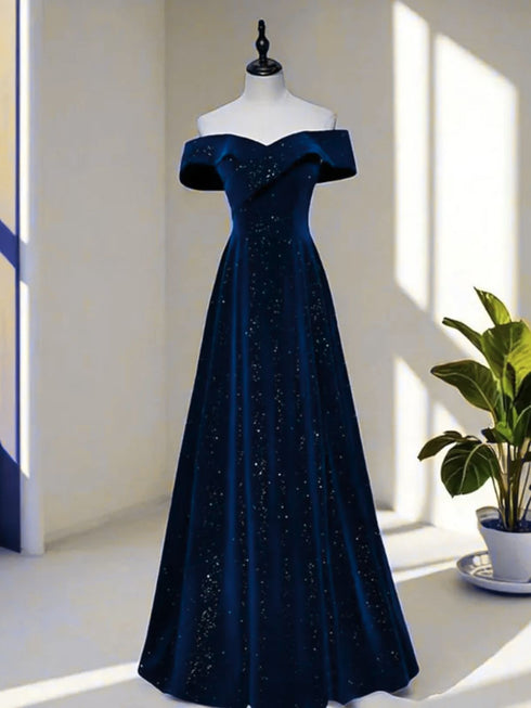 A-line Navy Blue Velvet Off Shoulder Long Party Dress, Navy Blue Prom Dress Evening Dress