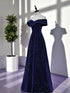 A-line Navy Blue Velvet Off Shoulder Long Party Dress, Navy Blue Prom Dress Evening Dress