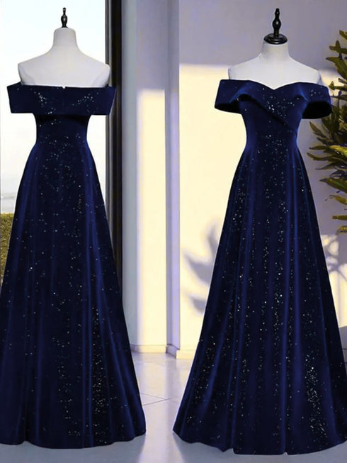 A-line Navy Blue Velvet Off Shoulder Long Party Dress, Navy Blue Prom Dress Evening Dress