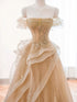 A-line Champagne Tulle with Lace Applique Prom Dress, Champagne Long Party Dress