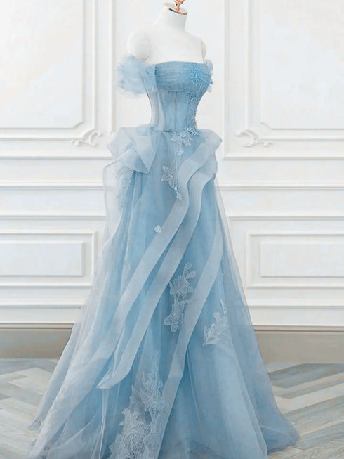 A-line Light Blue Tulle with Lace Floor Length Formal Dress, Light Blue Off Shoulder Prom Dress