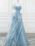 A-line Light Blue Tulle with Lace Floor Length Formal Dress, Light Blue Off Shoulder Prom Dress