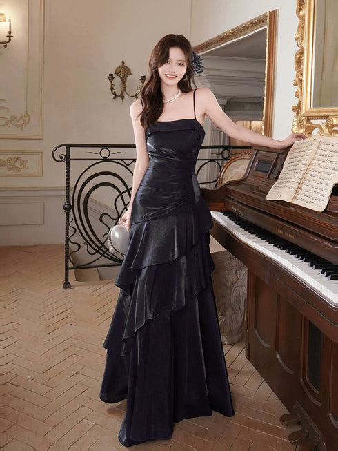 Black Satin Straps Scoop Mermaid Floor Length Prom Dress, Black Satin Formal Dress Evening Dress