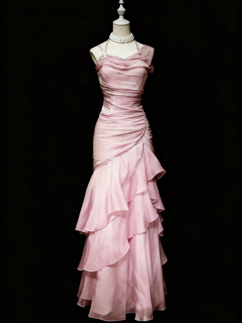 Chic Pink Ruffle Floor Length Evening Dress Prom Dress, Pink Charming Formal Gowns