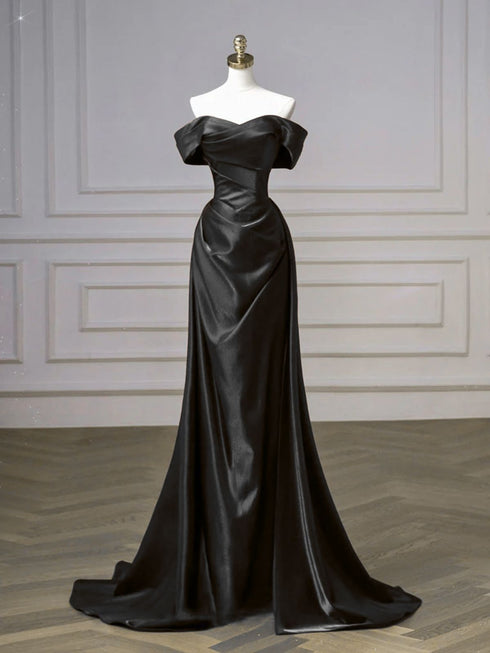 Black Satin Off Shoulder Sweetheart Long Prom Dress, Black Satin A-line Evening Dress
