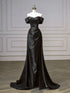 Black Satin Off Shoulder Sweetheart Long Prom Dress, Black Satin A-line Evening Dress