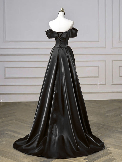 Black Satin Off Shoulder Sweetheart Long Prom Dress, Black Satin A-line Evening Dress
