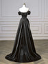 Black Satin Off Shoulder Sweetheart Long Prom Dress, Black Satin A-line Evening Dress