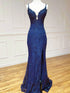 Navy Blue Mermaid Lace Straps Long Formal Dress, V-neckline Lace Low Back Prom Dress