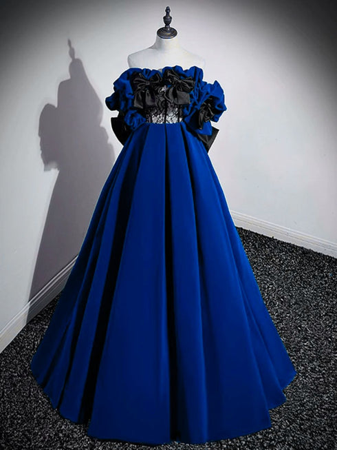 A-line Navy Blue Velvet Off Shoulder Long Formal Dress, Navy Blue Velvet Prom Dress with Bow