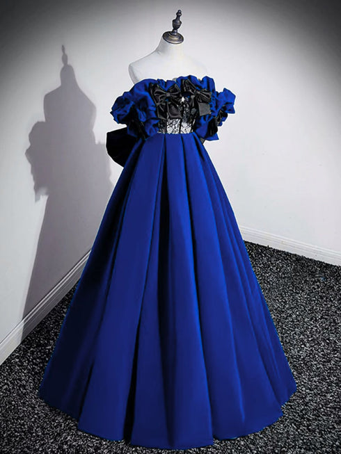 A-line Navy Blue Velvet Off Shoulder Long Formal Dress, Navy Blue Velvet Prom Dress with Bow