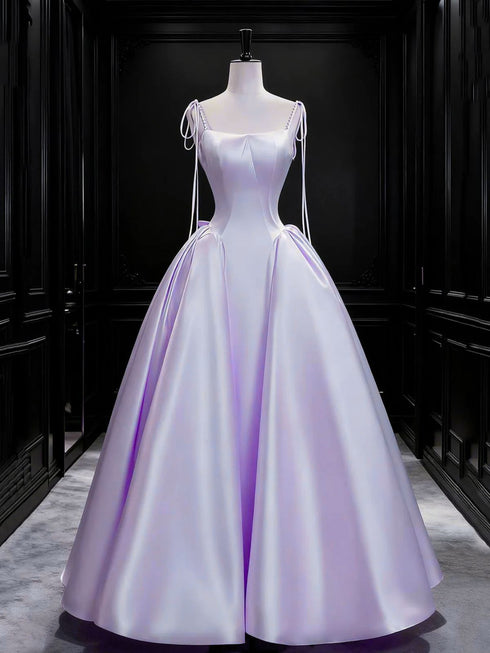 Light Purple Satin Simple Style A-line Straps Prom Dress, Light Purple Long Evening Dress Party Dress