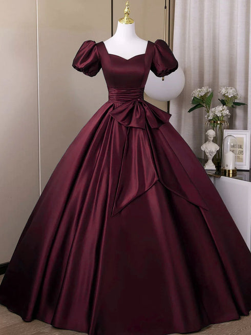 Wine Red Satin A-line Short Sleeves Long Formal Dress, Sweetheart Wine Red Prom Dress with Bow